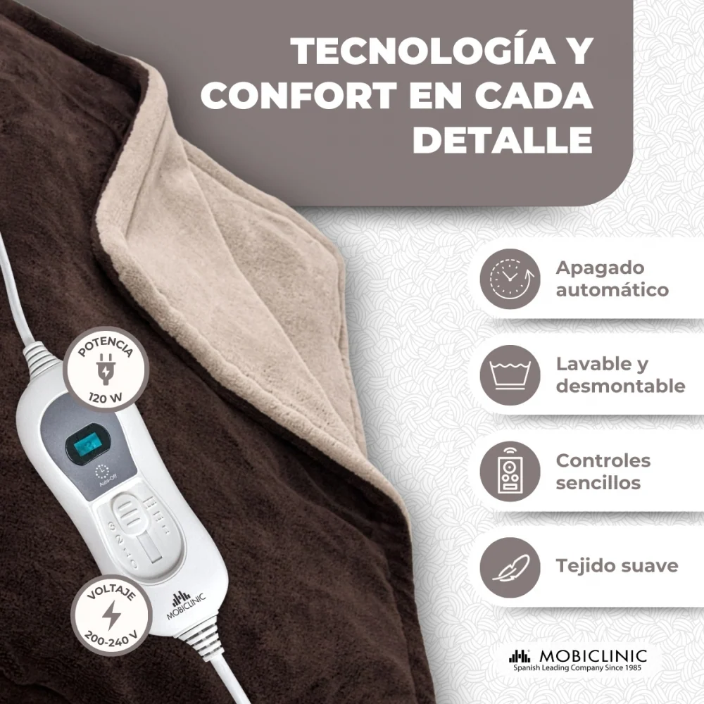 Couverture électrique avec télécommande | 160x120 cm | Marron | Température réglable | Mobiclinic