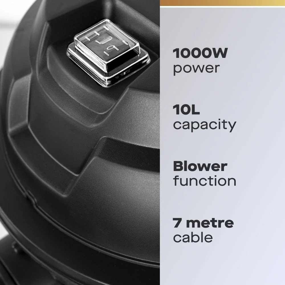 Daewoo 10L Black Wet & Dry Cylinder Vacuum Cleaner, 1000W