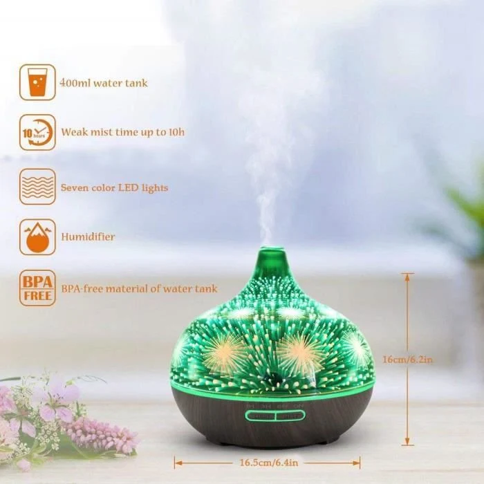 TD® Diffuseur d'Huiles Essentielles 400ML,3D Verre Humidificateur d'air Diffuseur Arôme Ultrasonique 7 Couleur LED pour Ma...