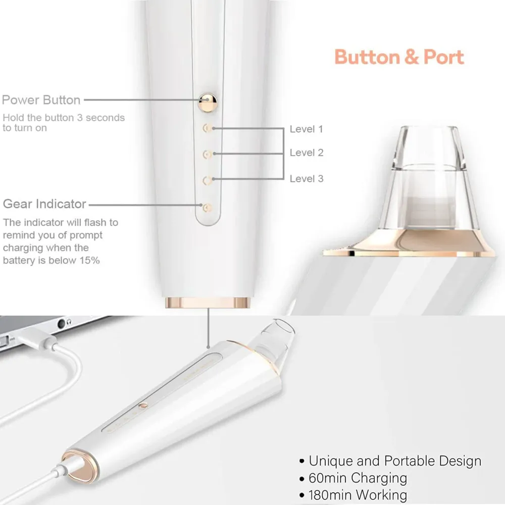 DIYthinker Aspirateur de pores – Décolleur de points noirs USB Rechargeable, 3 niveaux, 5 embouts