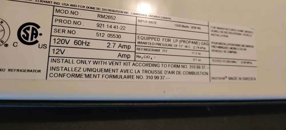 Réfrigérateur Dometic RM2652 au propane et électrique pour camping-car