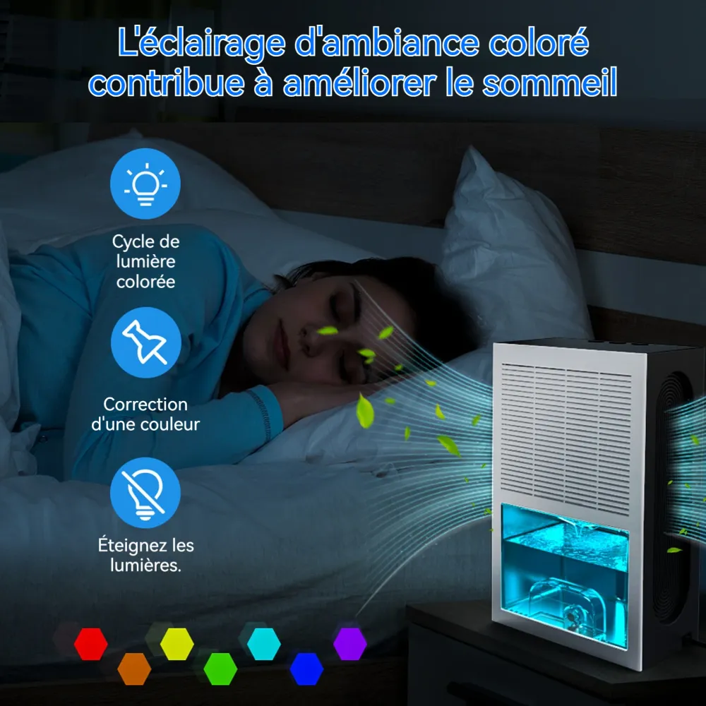 Déshumidificateur 96W 2,4L déshumidificateur d air electrique multifonction lumière LED 7 couleurs 2 modes de déshumidific...