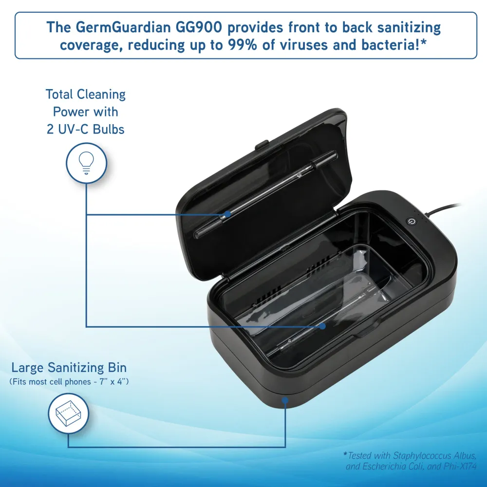Désinfectant portable UV-C pour téléphone compact GermGuardian avec cycle de désinfection Total Clean
