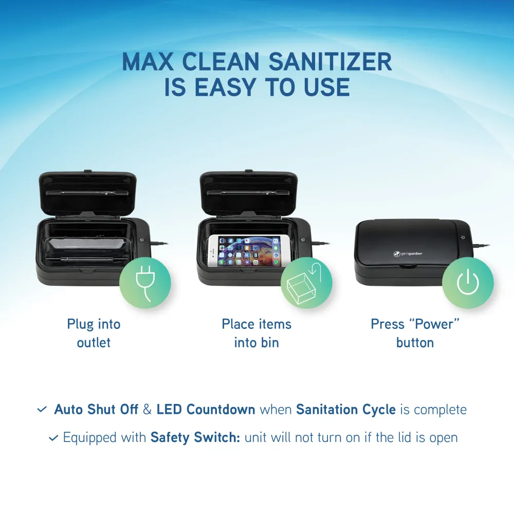Désinfectant portable UV-C pour téléphone compact GermGuardian avec cycle de désinfection Total Clean