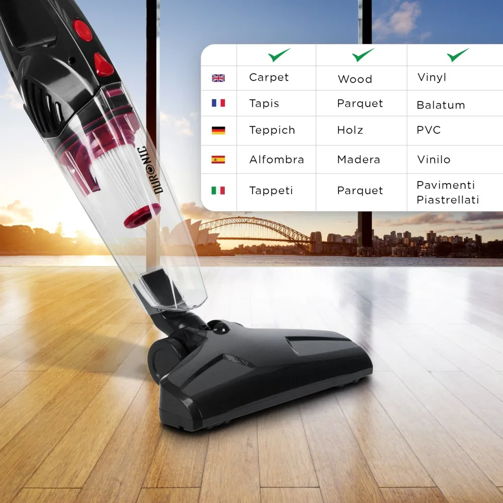 Duronic VC8 BK Aspirateur Balai et à Main sans Sac Classe + tête suceuse/Flexible/Brosse - Se converti en Quelques Secondes !
