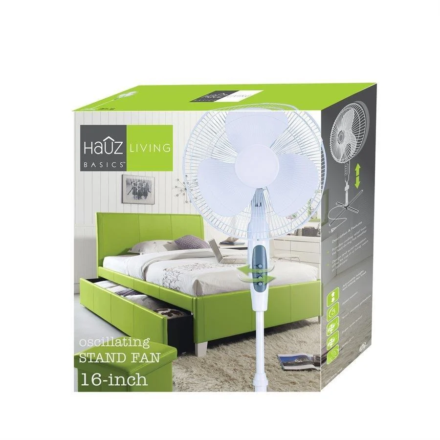 Hauz - Ventilateur Oscillant sur Pied à 3 Vitesses, Diamètre de 16 Pouces, Blanc