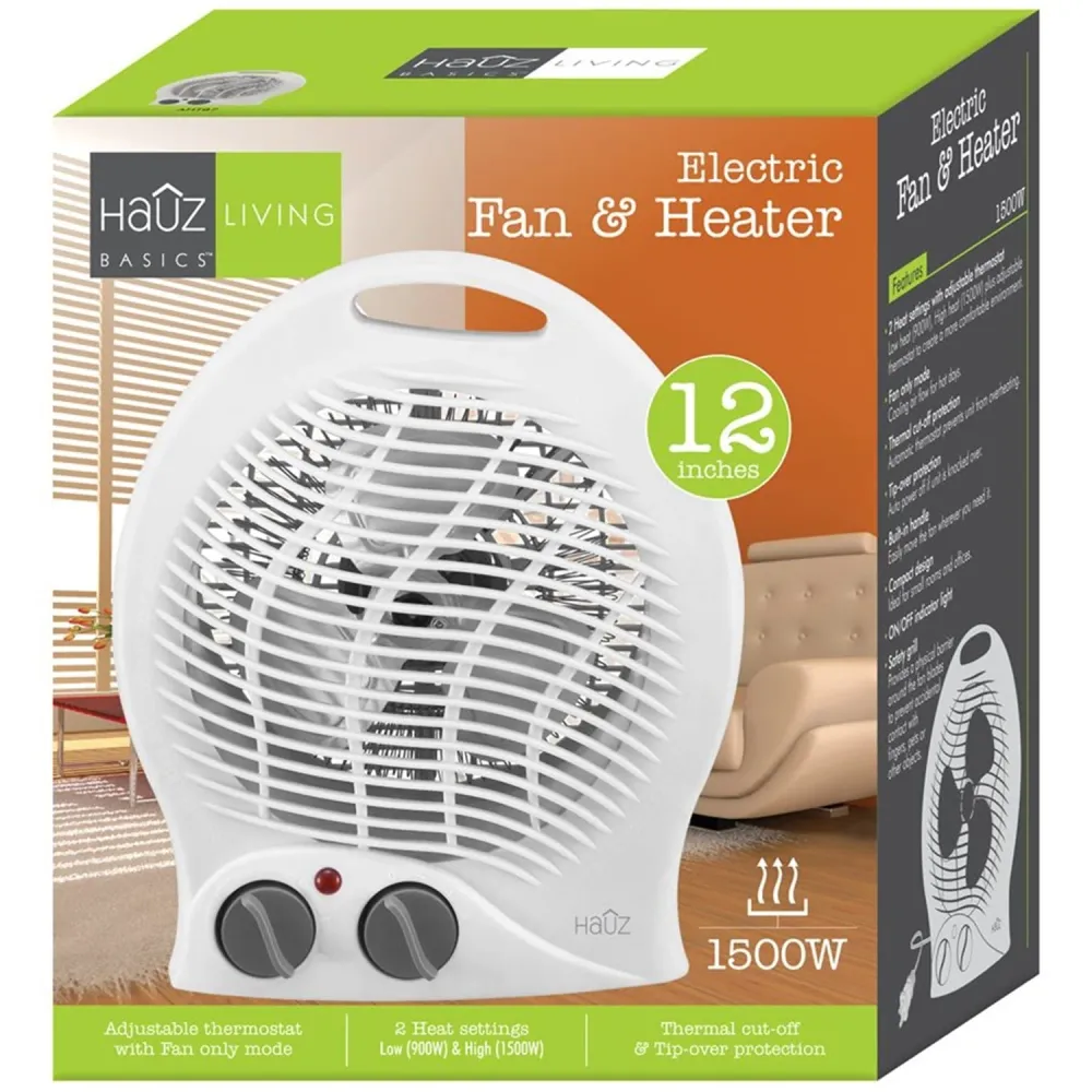 Hauz - Ventilateur + Radiateur Portatif de 12", Thermostat Réglable, 1500W, Blanc