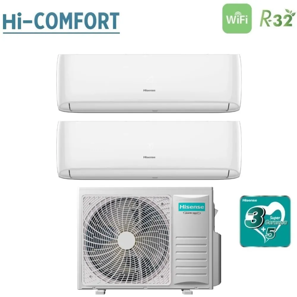 Hisense Dual Split Inverter Climatiseur Hi-Comfort Series 12 + 18 Avec 3amw72u4rfa R-32 Wi-Fi intégré 12000 + 18000 - Neuf