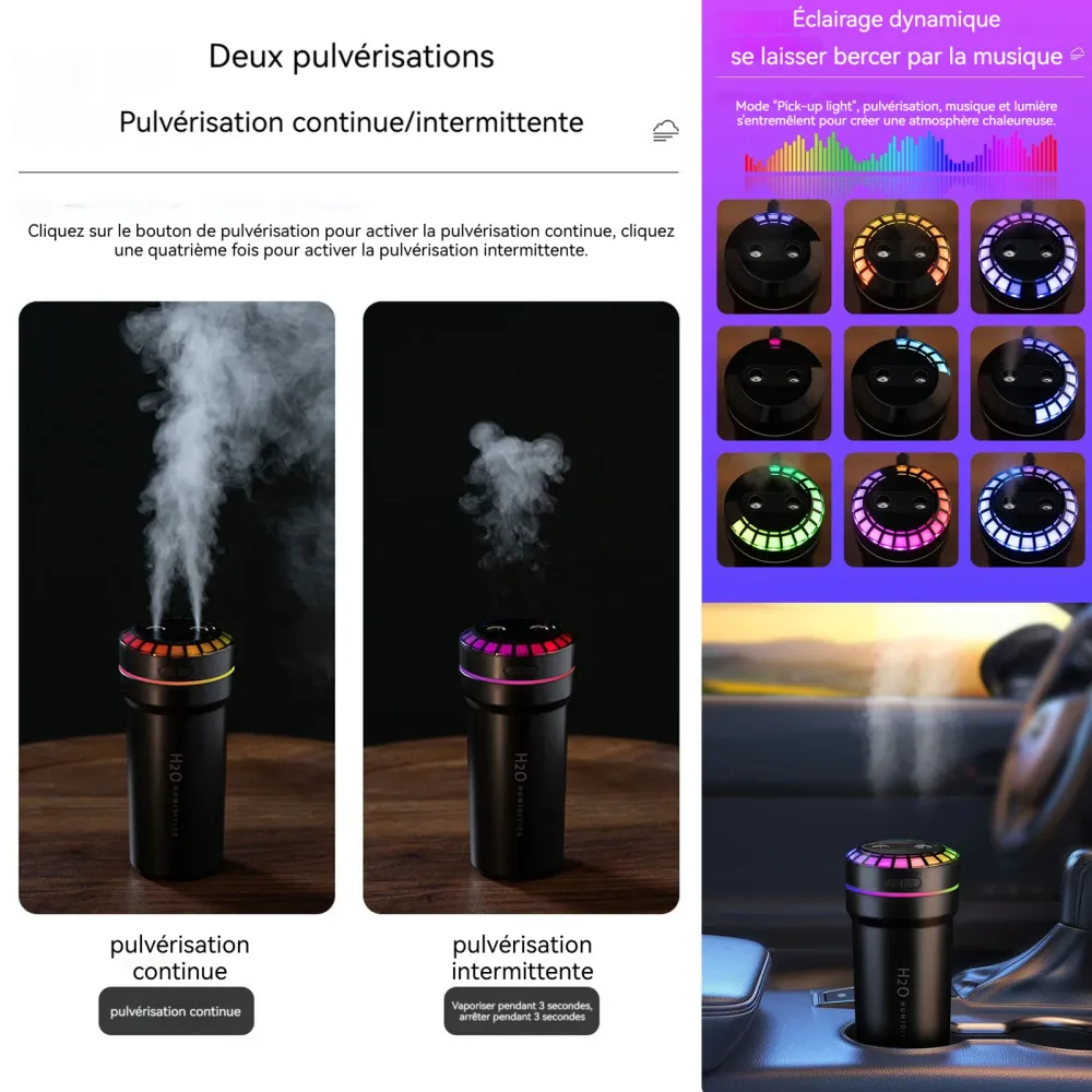 Humidificateur d'air 1200mah type-c 300ml 2 sorties de brouillard et 2 modes de brume diffuseur d'huiles avec 7 effets d'é...