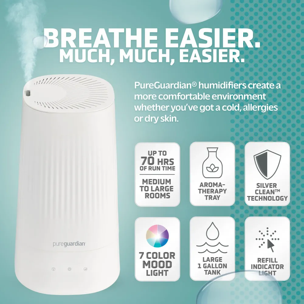 Humidificateur ultrasonique à brume froide PureGuardian H980W 70 heures, 1 gallon