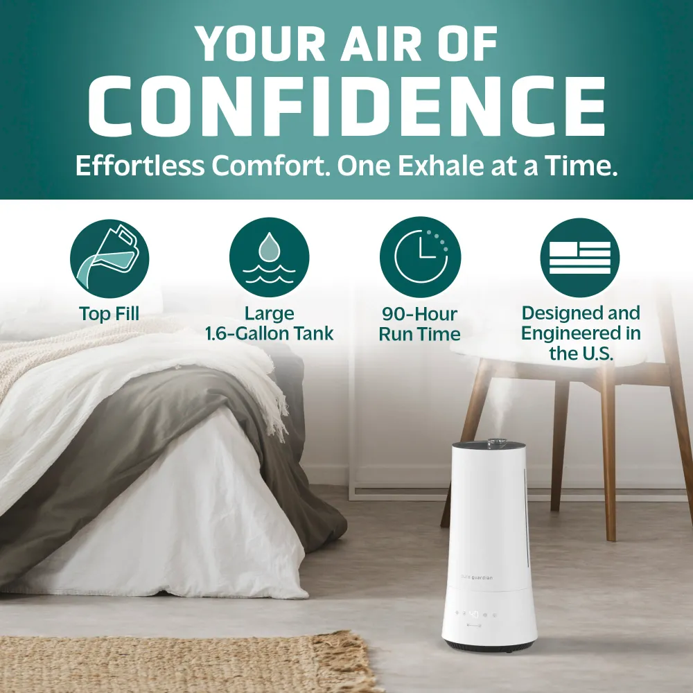 Humidificateur à ultrasons PureGuardian H997W 90 heures avec hygrostat, 1,6 gallon