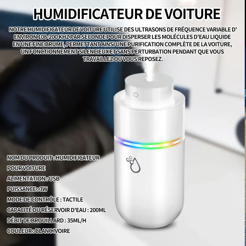 Humidificateur USB mini humidificateur 3w conception silencieuse capacité du réservoir d'eau 200ml atomisation 70x148mm bl...