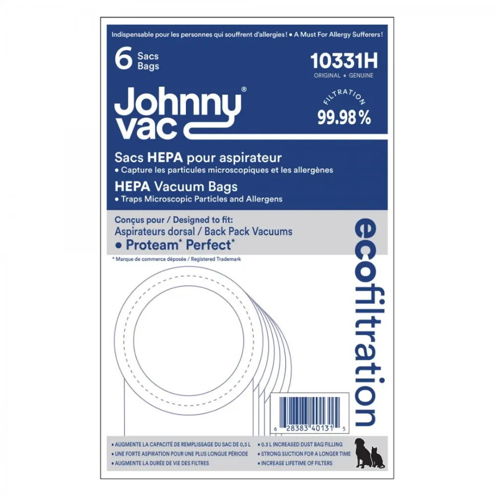 Sac microfiltre HEPA pour aspirateur dorsal Proteam Perfect - paquet de 6 sacs Johnny Vac
