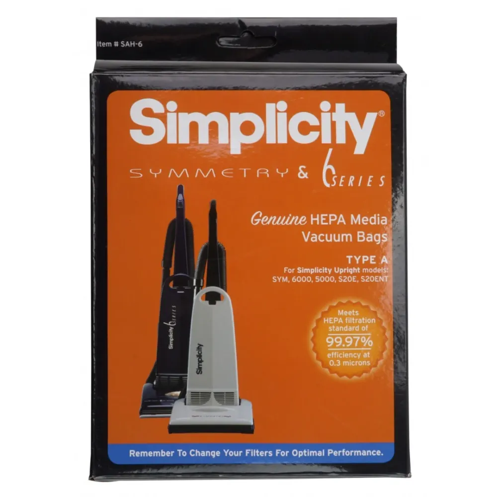 Sac microfiltre HEPA pour aspirateur Simplicity Symmetry et série 6 - paquet de 6 sacs Johnny Vac