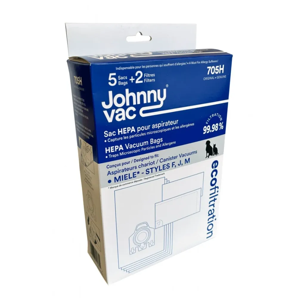 Sacs HEPA Pour Aspirateurs Chariots De Marque Miele F, J Et M - Paquet De 5 Sacs + 2 Filtres Johnny Vac