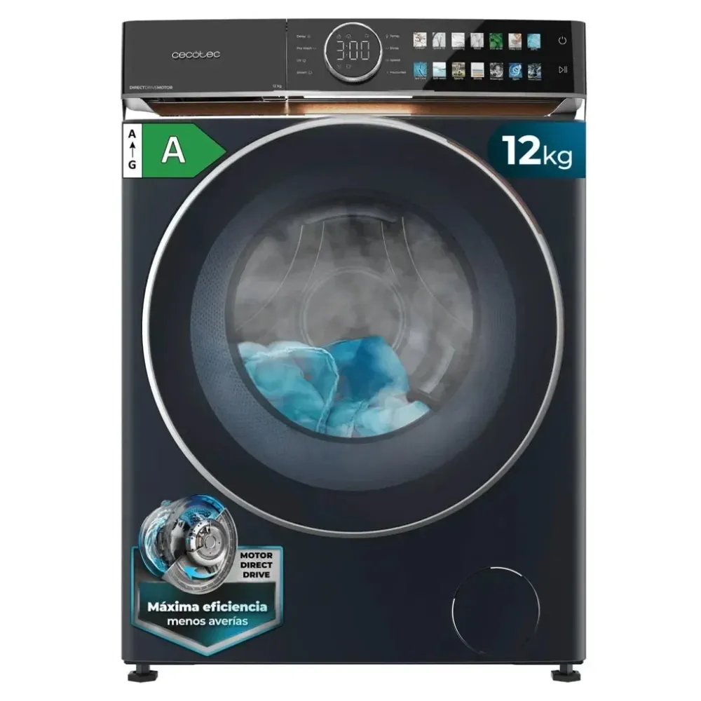 Lave linge Cecotec Bolero 12980 12 kg Direct Drive bleu écran FullColor SteamMax Spa Care fonctions avancées