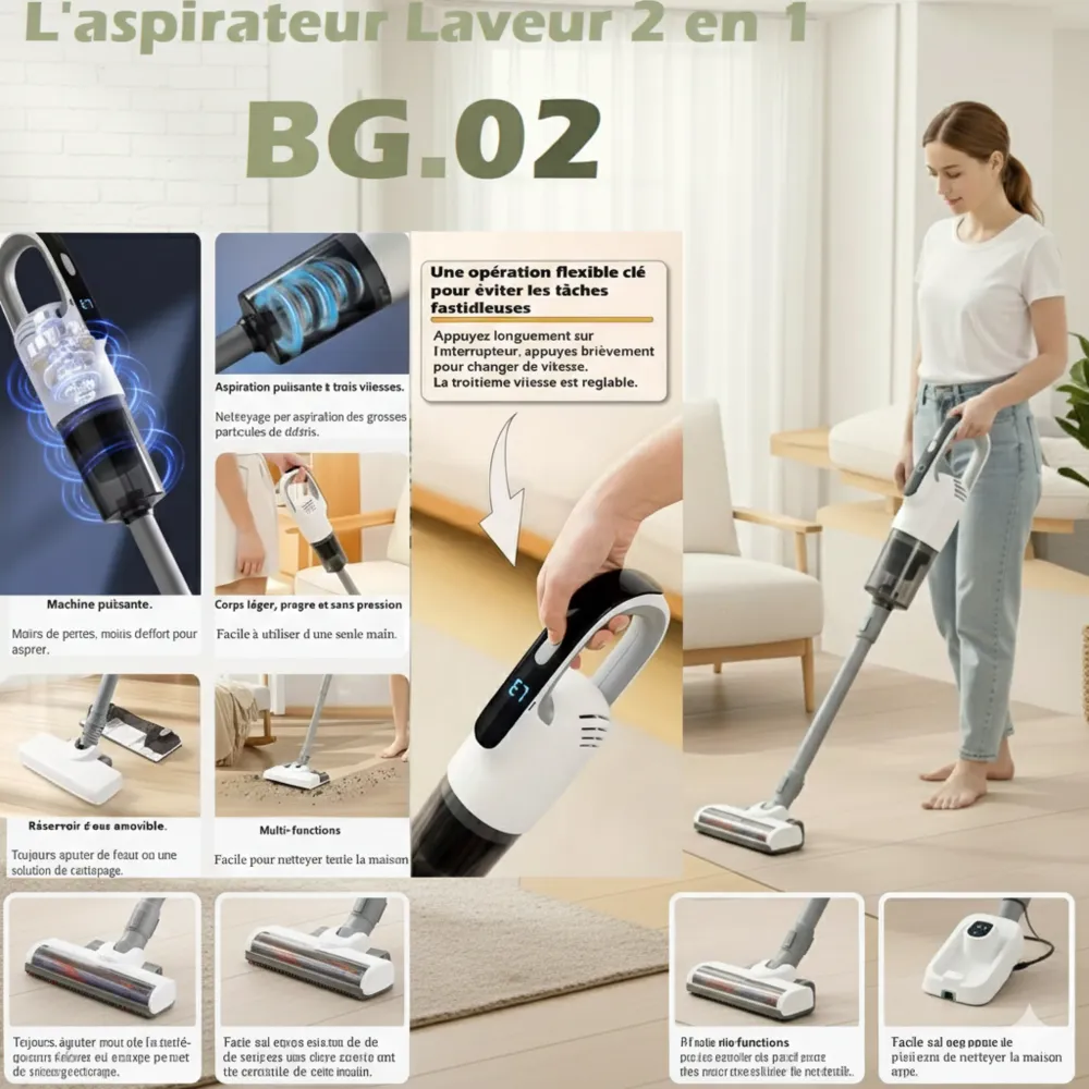 Aspirateur Laveur 2 en 1 BG-02 - Aspire & Lave - Sans Fil Le Pro du Ménage Moderne