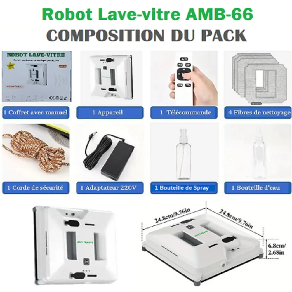 Robot Lave-vitre Intelligent - 24cm - Modèle AMB-66 Le Pro du Ménage Moderne