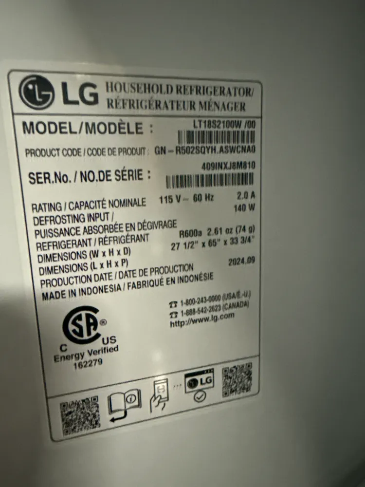 Réfrigérateur 17.5 Pi. cu. Congélateur en haut Blanc LT18S2100W LG