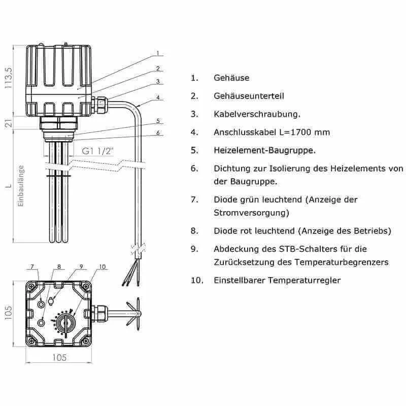 Élément chauffant électrique avec régulateur et thermostat 6,0 kW