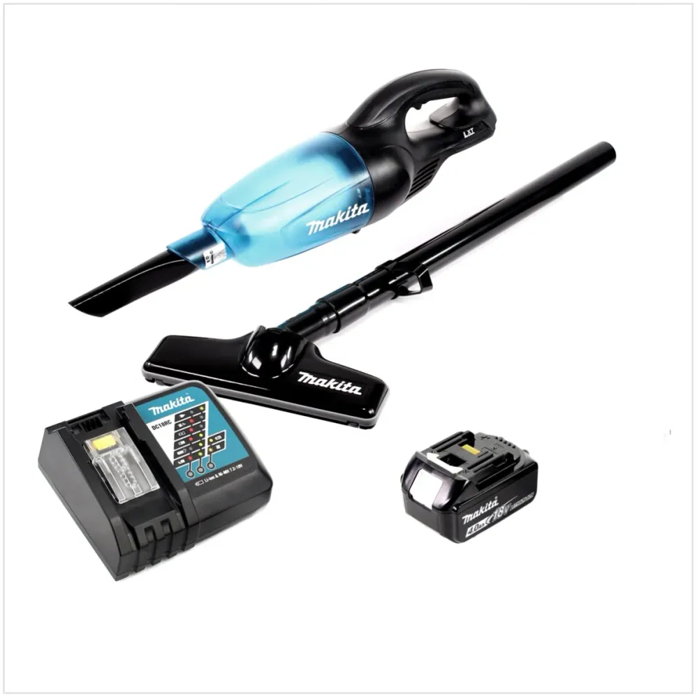 Makita DCL 180 B 18V Li-Ion Aspirateur compact sans fil Noir + 1x Batterie BL 1840 4,0 Ah + Chargeur rapide DC 18 RC