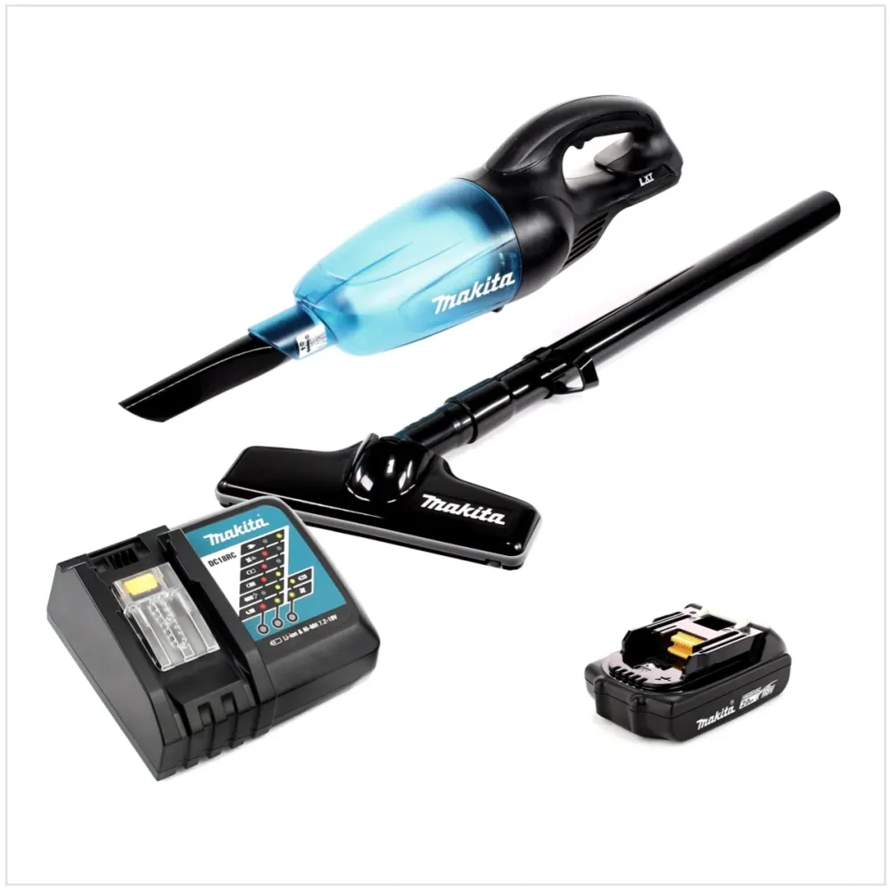 Makita DCL 180 B 18V Li-ion Aspirateur compact sans fil Noir + 1x Batterie BL 1820 2,0 Ah + Chargeur rapide DC 18 RC