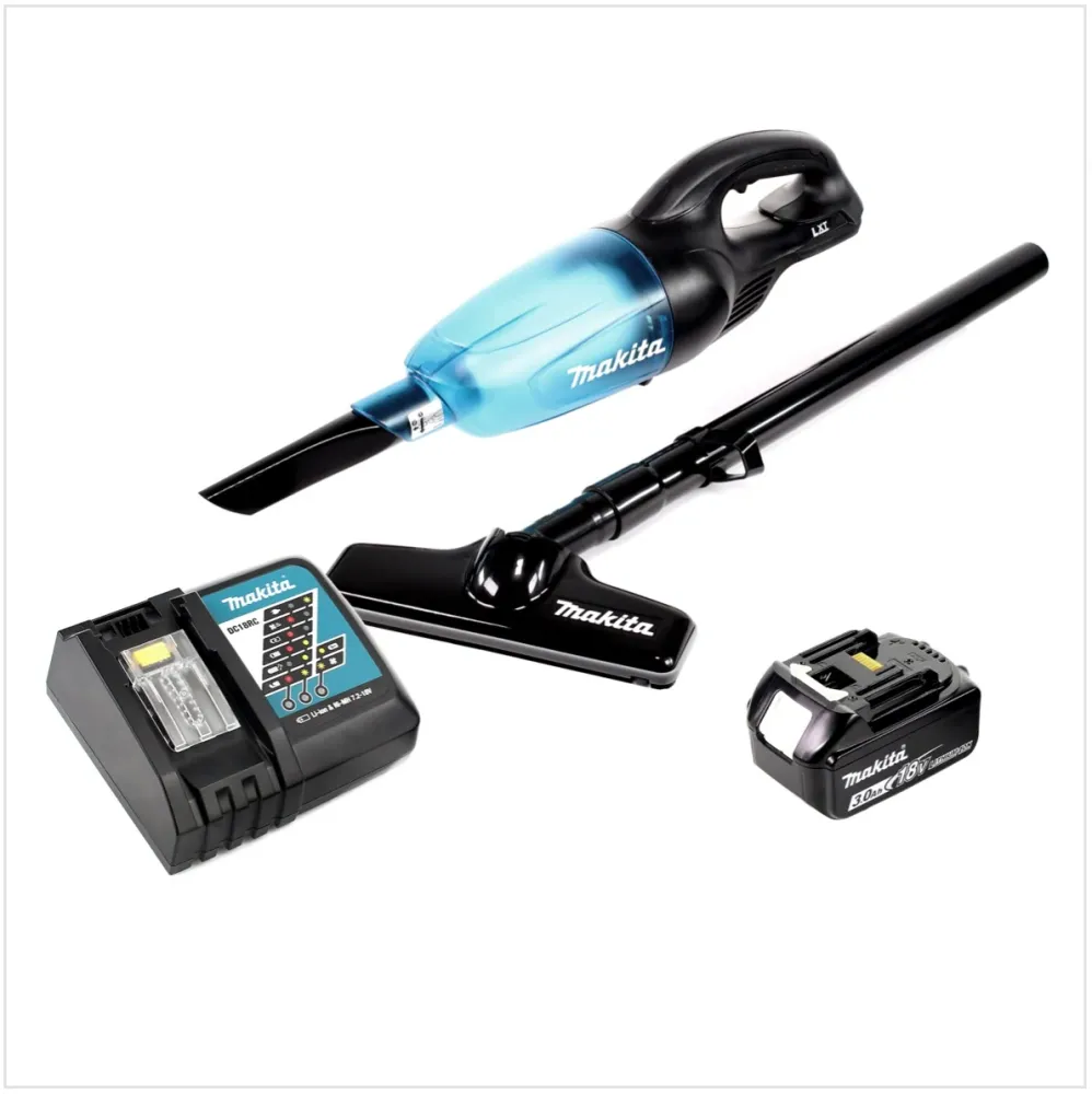 Makita DCL 180 B 18V Li-Ion Aspirateur compact sans fil Noir + 1x Batterie BL 1830 3,0 Ah + Chargeur rapide DC 18 RC