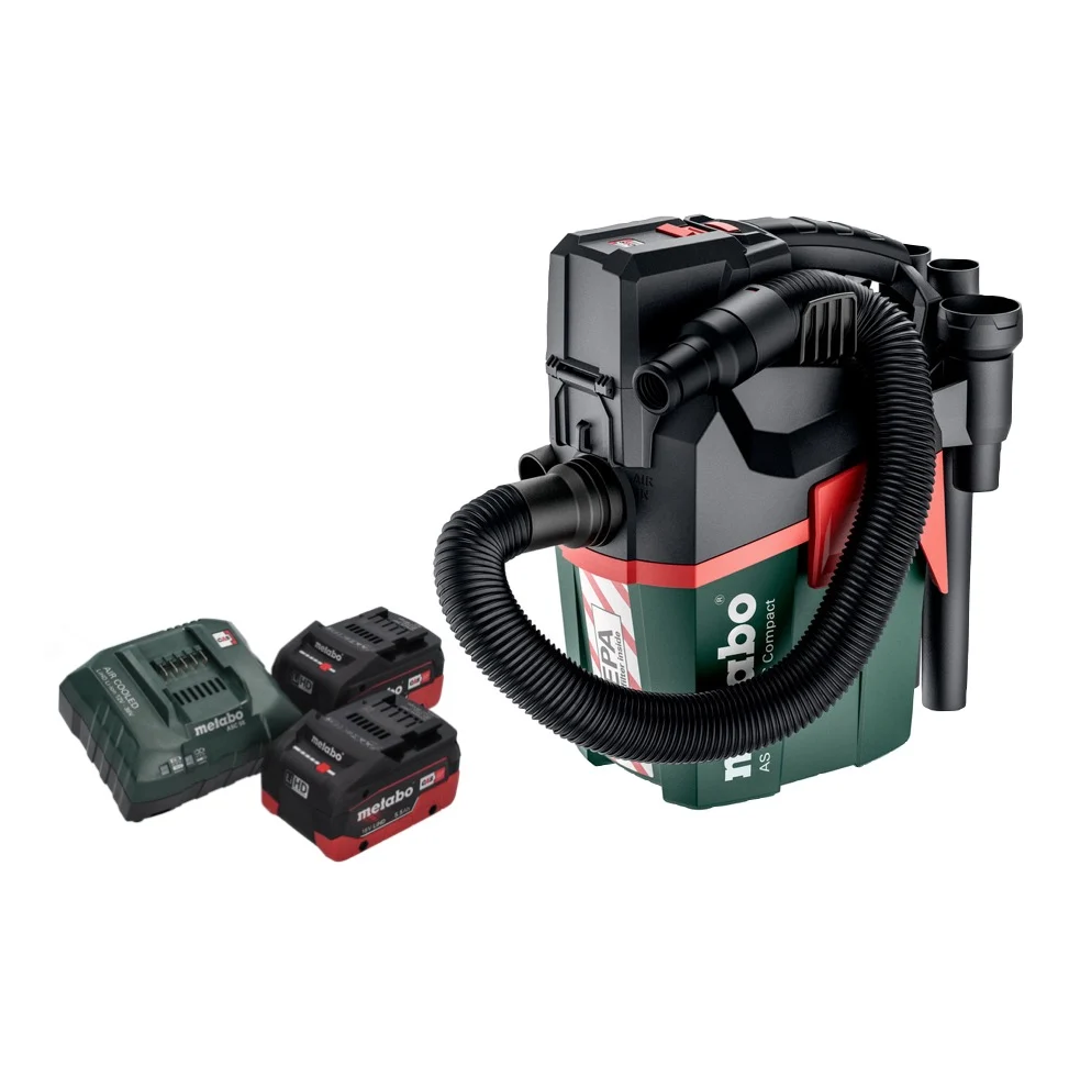 Metabo AS 18 HEPA PC Aspirateur à batterie compact 18 V Aspirateur eau et poussière 6 l avec fonction soufflante + 2x batt...