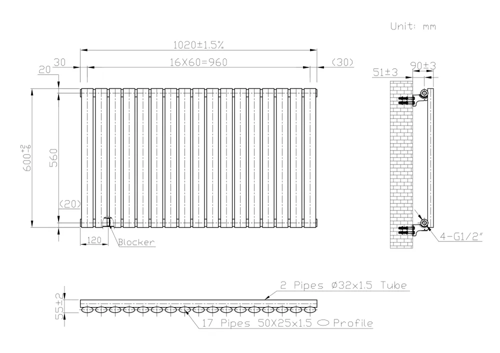 Radiateur horizontal simple colonne design noir 1 020 mm x 600 mm, 2 370 BTU Myhomeware