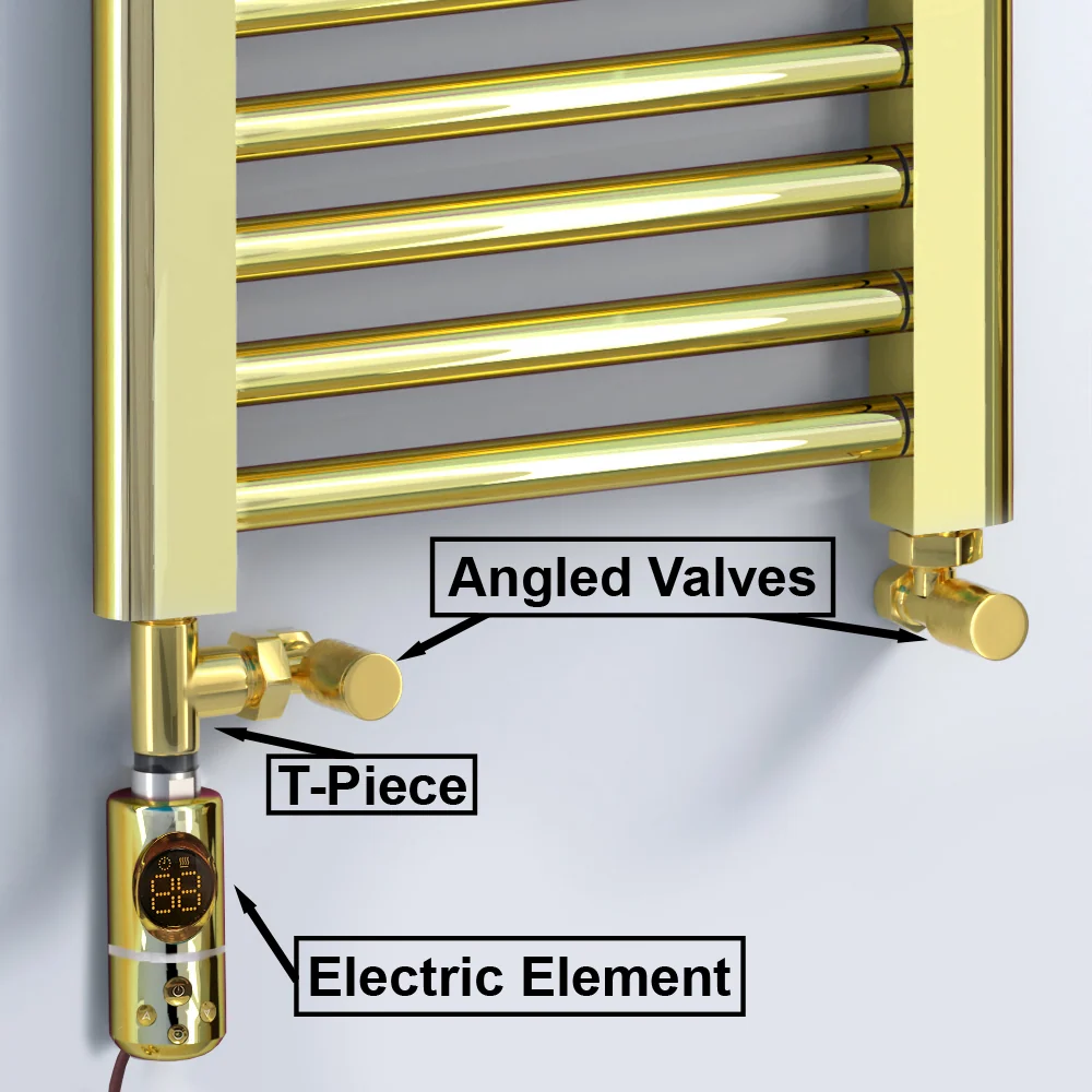 Radiateur sèche-serviettes bi-énergie 300 x 1 200 mm, couleur or brillant (vannes et kit de chauffage électrique inclus) m...