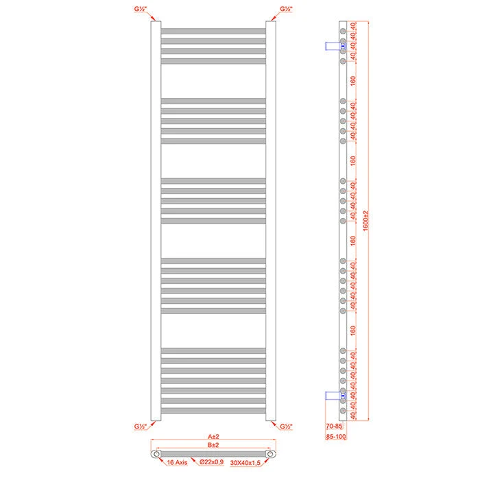 Radiateur sèche-serviettes bi-énergie 400 x 1600 mm, couleur or brillant (vannes et kit de chauffage électrique inclus) my...