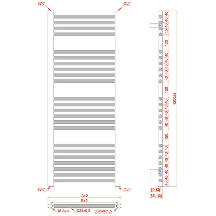Radiateur sèche-serviettes bi-énergie 500 x 1 200 mm, couleur or brillant (vannes et kit de chauffage électrique inclus) m...