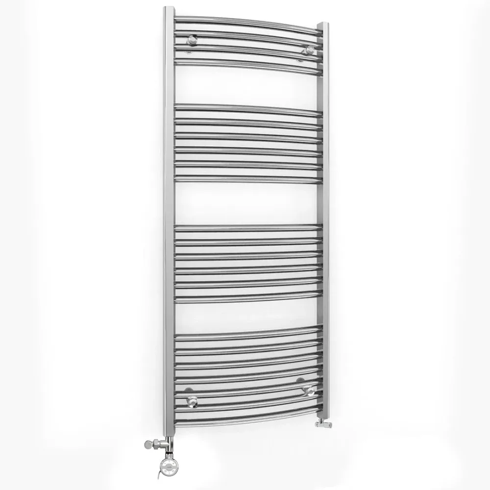 Radiateur sèche-serviettes chromé incurvé bi-énergie 550 x 1 200 mm (robinets et kit de chauffage électrique inclus) myhom...