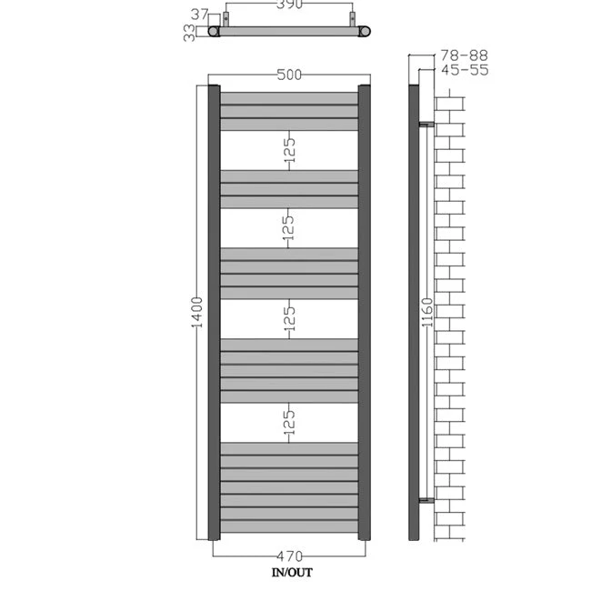 Radiateur sèche-serviettes design Accuro Korle noir mat 500 mm x 1 400 mm myhomeware