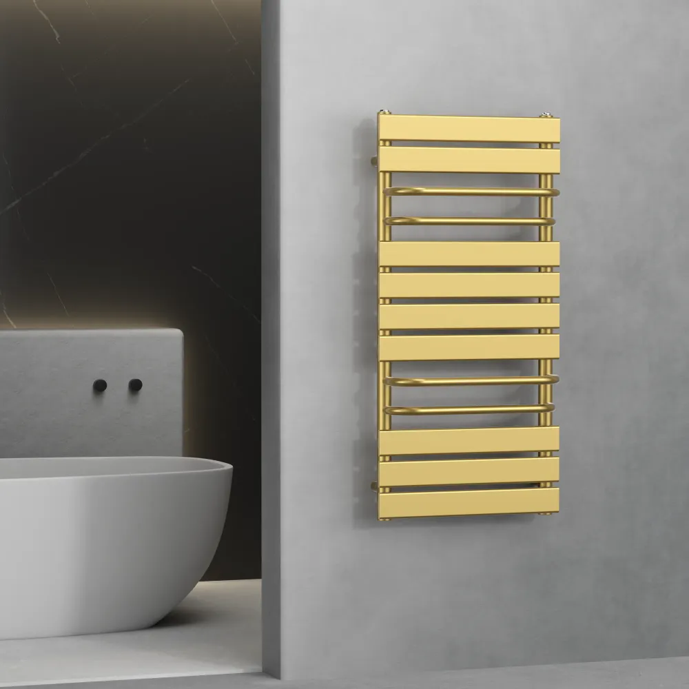 Radiateur sèche-serviettes design doré brillant de 500 mm de large et 1 000 mm de haut avec porte-serviettes myhomeware