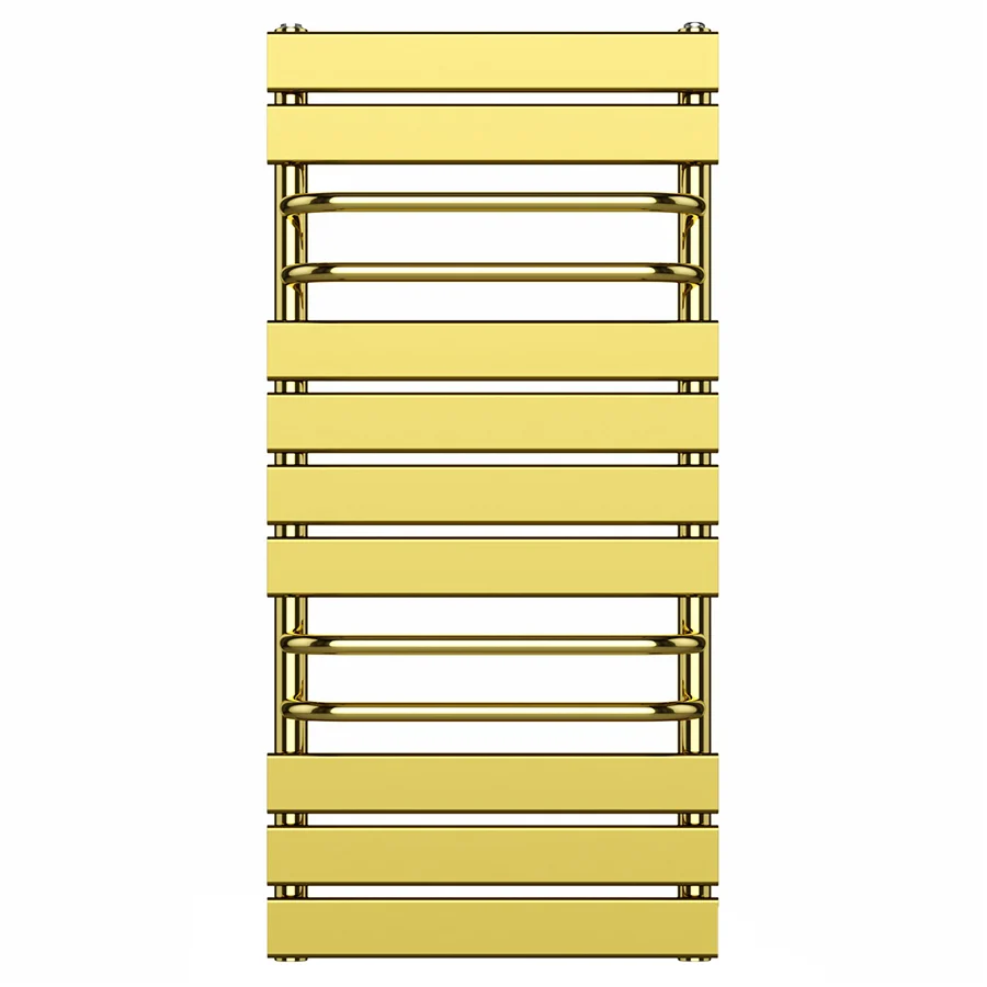 Radiateur sèche-serviettes design doré brillant de 500 mm de large et 1 000 mm de haut avec porte-serviettes myhomeware