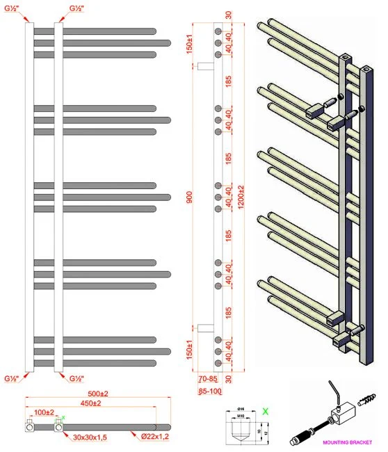 Radiateur sèche-serviettes design Sydney Chrome de 500 mm de large et 1 200 mm de haut myhomeware