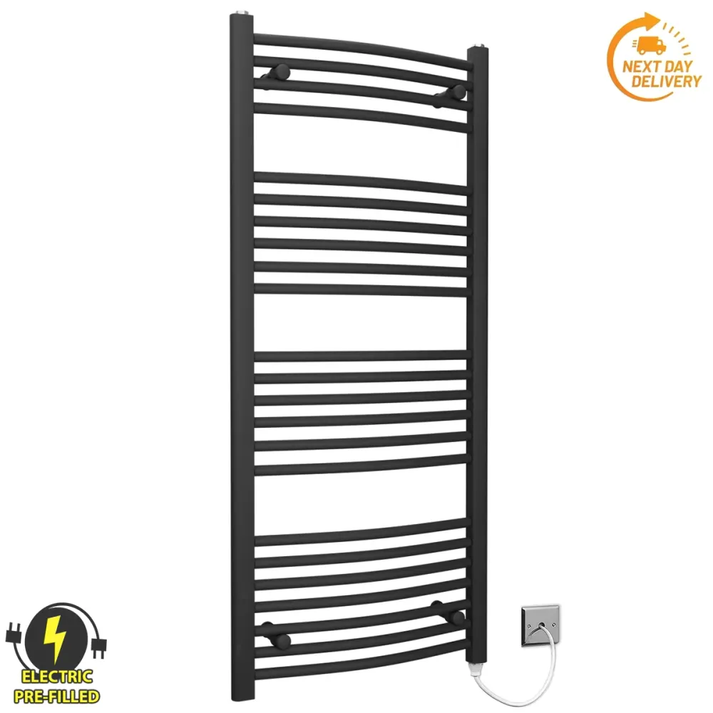 Radiateur sèche-serviettes électrique incurvé noir de 500 mm de large et 1 200 mm de haut myhomeware