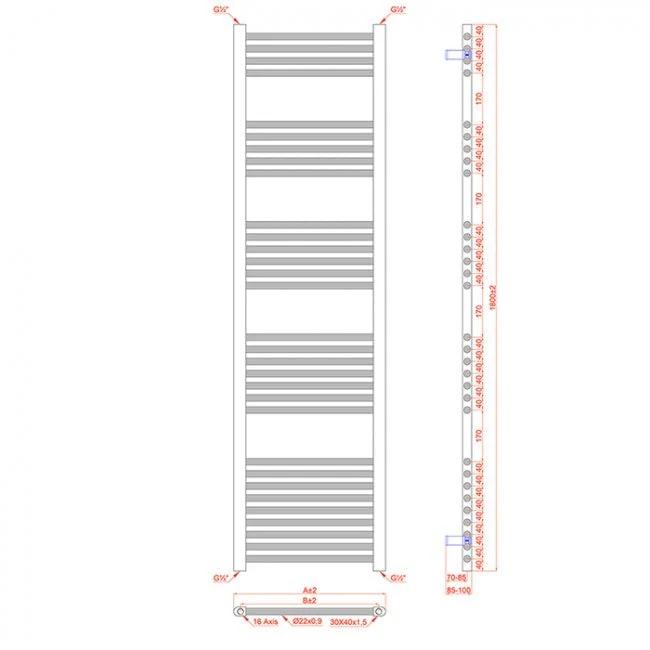 Radiateur sèche-serviettes noir mat de 350 mm de large et 1800 mm de haut myhomeware