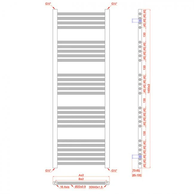Radiateur sèche-serviettes noir mat de 500 mm de large et 1 400 mm de haut myhomeware