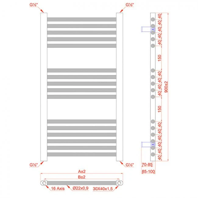 Radiateur sèche-serviettes plat chromé de 500 mm de large et 900 mm de haut myhomeware