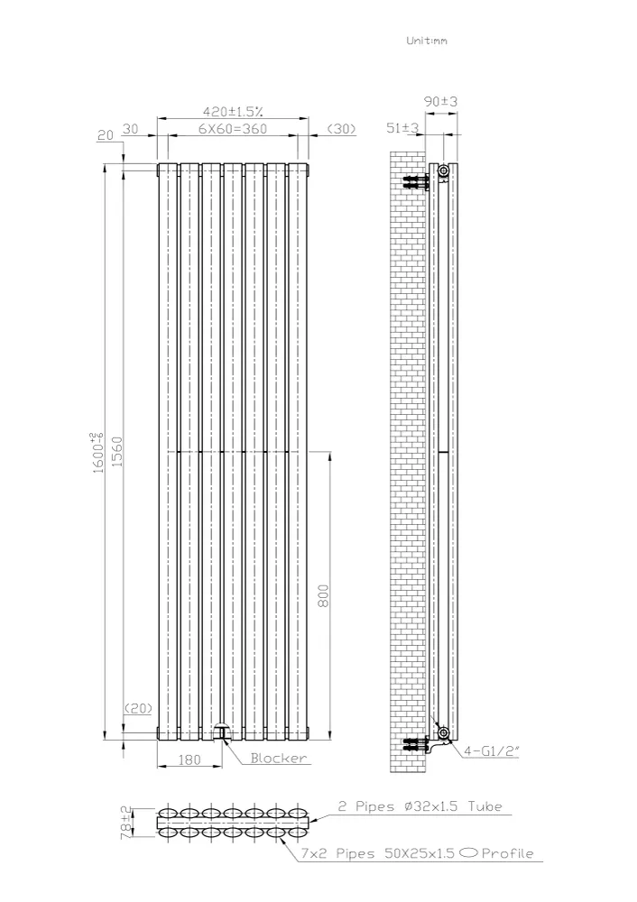 Radiateur vertical double colonne design noir 420 mm x 1 600 mm, 4 607 BTU Myhomeware