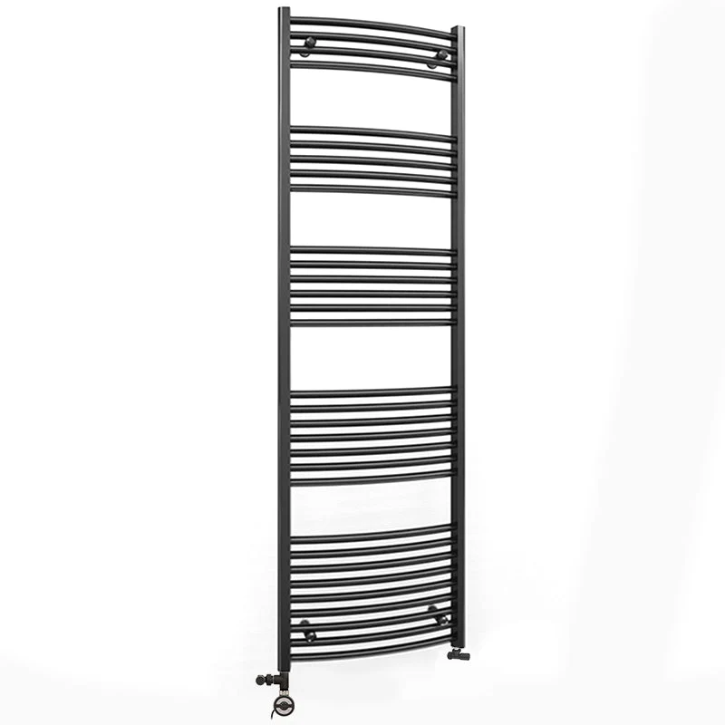 Sèche-serviettes chauffant double combustible, 500 x 1800 mm, noir mat, courbé, tube de 22 mm (avec vannes et kit de chauf...
