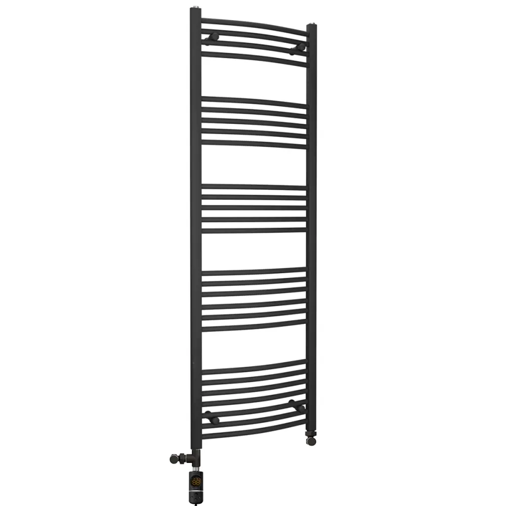 Sèche-serviettes chauffant incurvé noir mat bi-énergie 500 x 1600 mm (avec vannes et kit de chauffage électrique) myhomeware