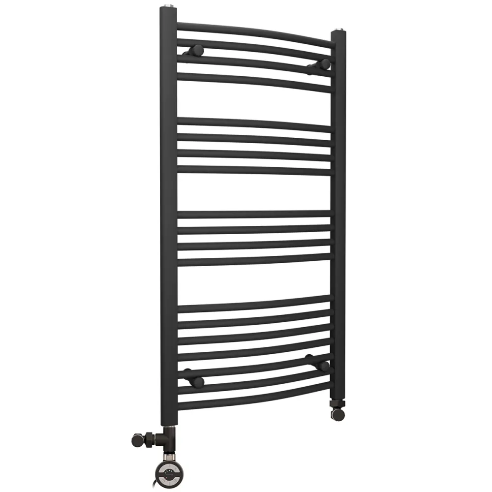 Sèche-serviettes chauffant incurvé noir mat bi-énergie 450 x 1 000 mm (avec vannes et kit de chauffage électrique) myhomeware