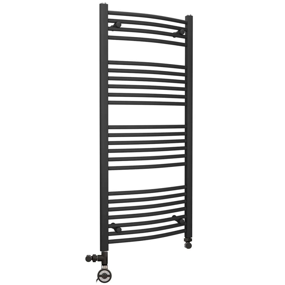 Sèche-serviettes chauffant incurvé noir mat bi-énergie 450 x 1 200 mm (avec vannes et kit de chauffage électrique) myhomeware