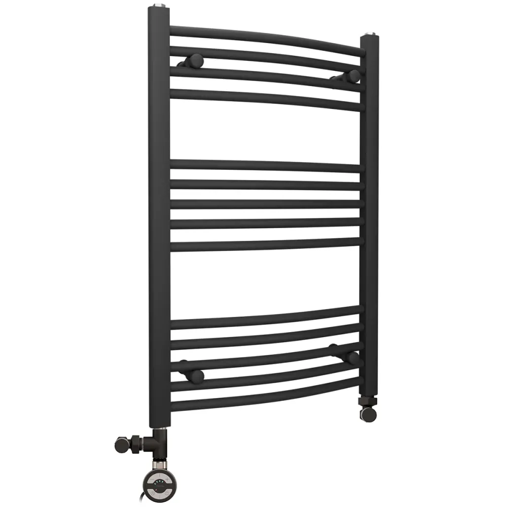 Sèche-serviettes chauffant incurvé noir mat bi-énergie 450 x 800 mm (avec vannes et kit de chauffage électrique) myhomeware