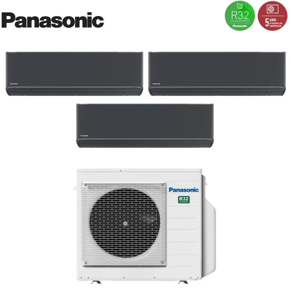 Panasonic Trial Split Inverter Climatiseur Etherea Dark Series 7+7+7 avec CU-3Z52TBE R-32 Wi-Fi intégré Couleur Gris graph...