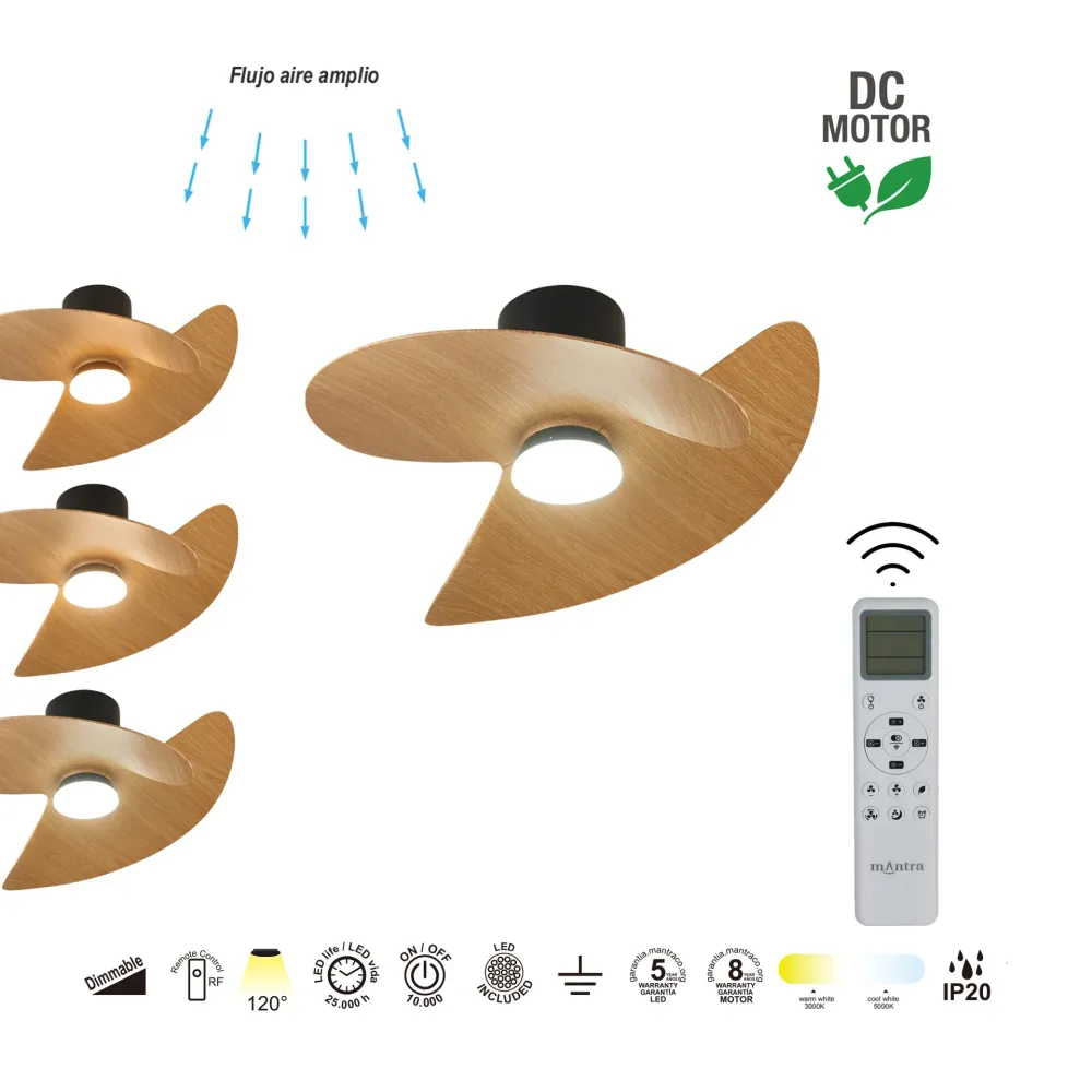 Plafonnier ventilateur ONA noir et bois Mantra 9471