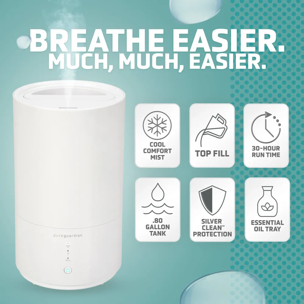 PureGuardian H950AR Humidificateur ultrasonique à brume froide à remplissage supérieur de 0,80 gallon avec plateau d'aroma...